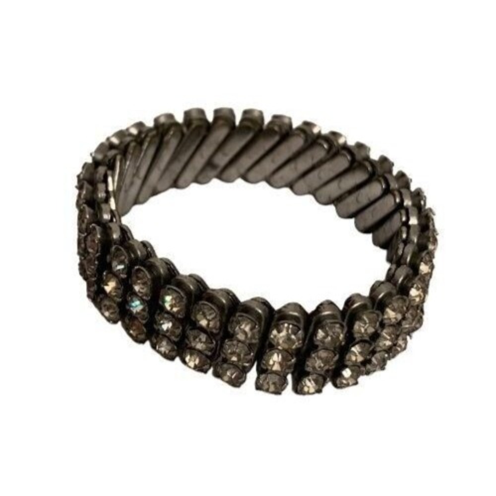 Vintage Rhinestone 3 Row Stretch Bracelet Silvertone Setting